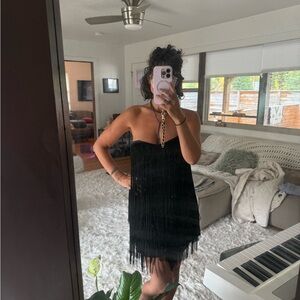 Elegant Black Strapless Fringe Dress